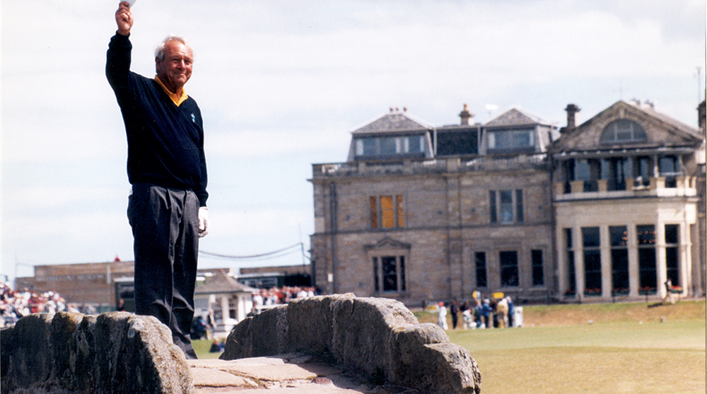 Mr. Palmer bids a fond farewell to the British Open in 1995 from the Swilcan Bridge on the 18th hole of the Old Course at St. Andrews
