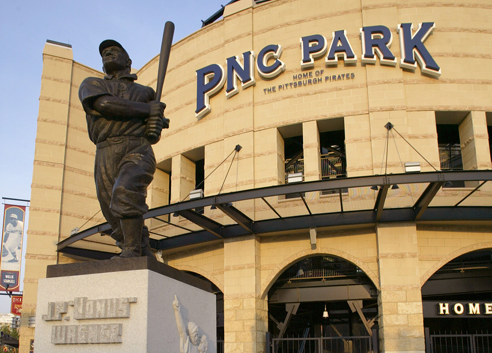 This statue of Honus Wagner, one of the heroes of the Pirates’ 1909 World Series win, greets visitors to the home plate entrance