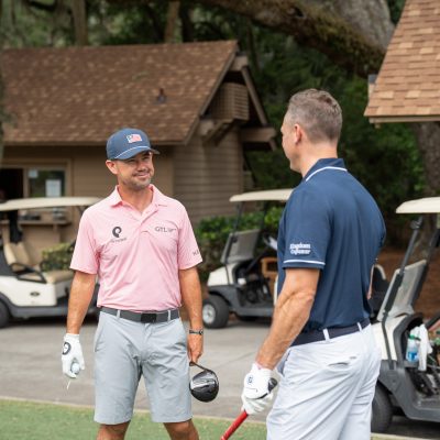 Brian Harman chatted with guests as they stepped up to tee off on Day 1 of golf